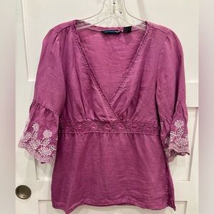 Saint Tropez West Purple Embroidered V-Neck Babydoll Peasant Top